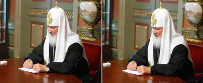 Orthodox Church patriarch's $30,000 expensive watch causes buzz. Note in the right image the watch has been removed from his hand, but the reflection of the watch is still on the table