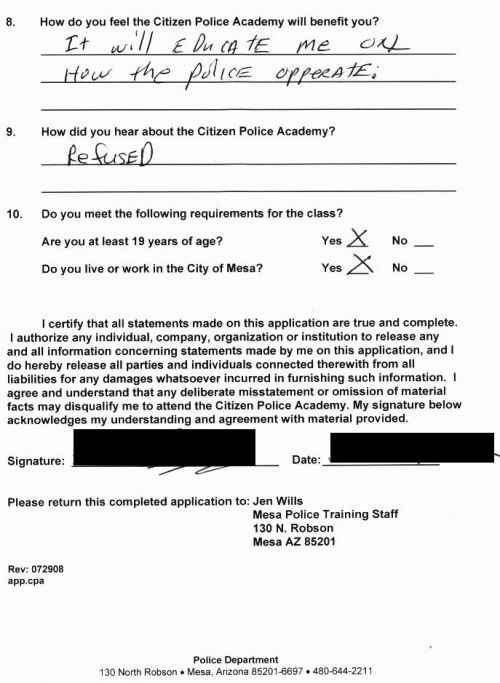 Application to attend civilian Mesa Police Academy. I refused to answer all the questions except for my name