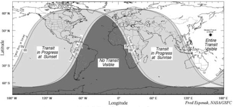 Map of the would showing where and when you can view the transit of Venus on June 5, 2012